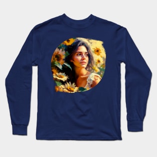 A beautiful girl in nature, surrounded by sunflowers, Art painting Long Sleeve T-Shirt